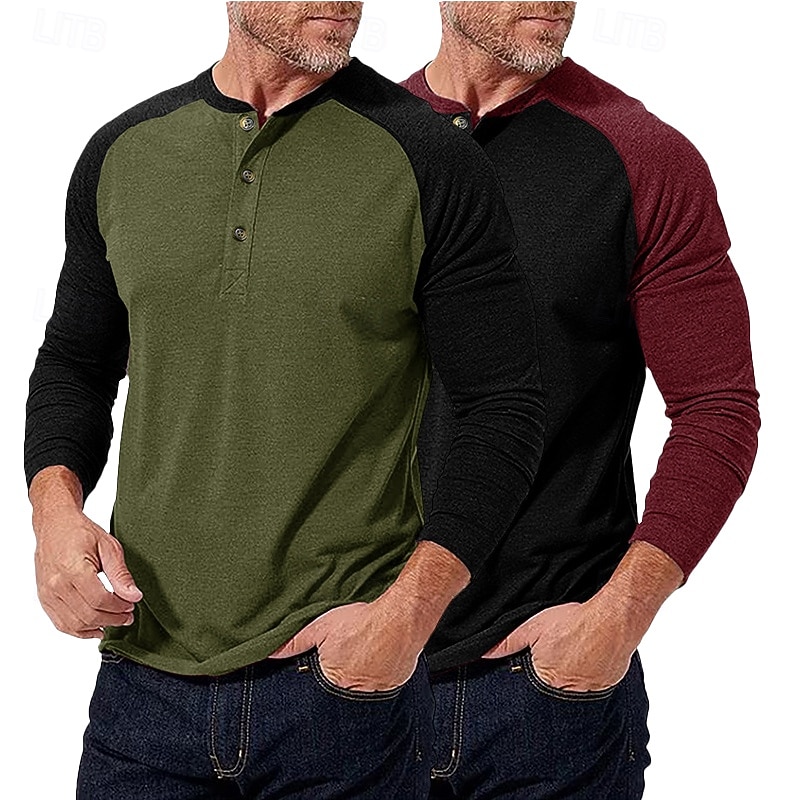 2-teiliges Henley-Shirt für Herren, Baseball-T-Shirt, Kurzarm, Farbblock-Design, Basic, Boho-Stil, Raglanärmel, für Outdoor, Freizeit, Alltag, Sommer, Herbst, alle Jahreszeiten, schwarzes 2026 - $40.99 –P7