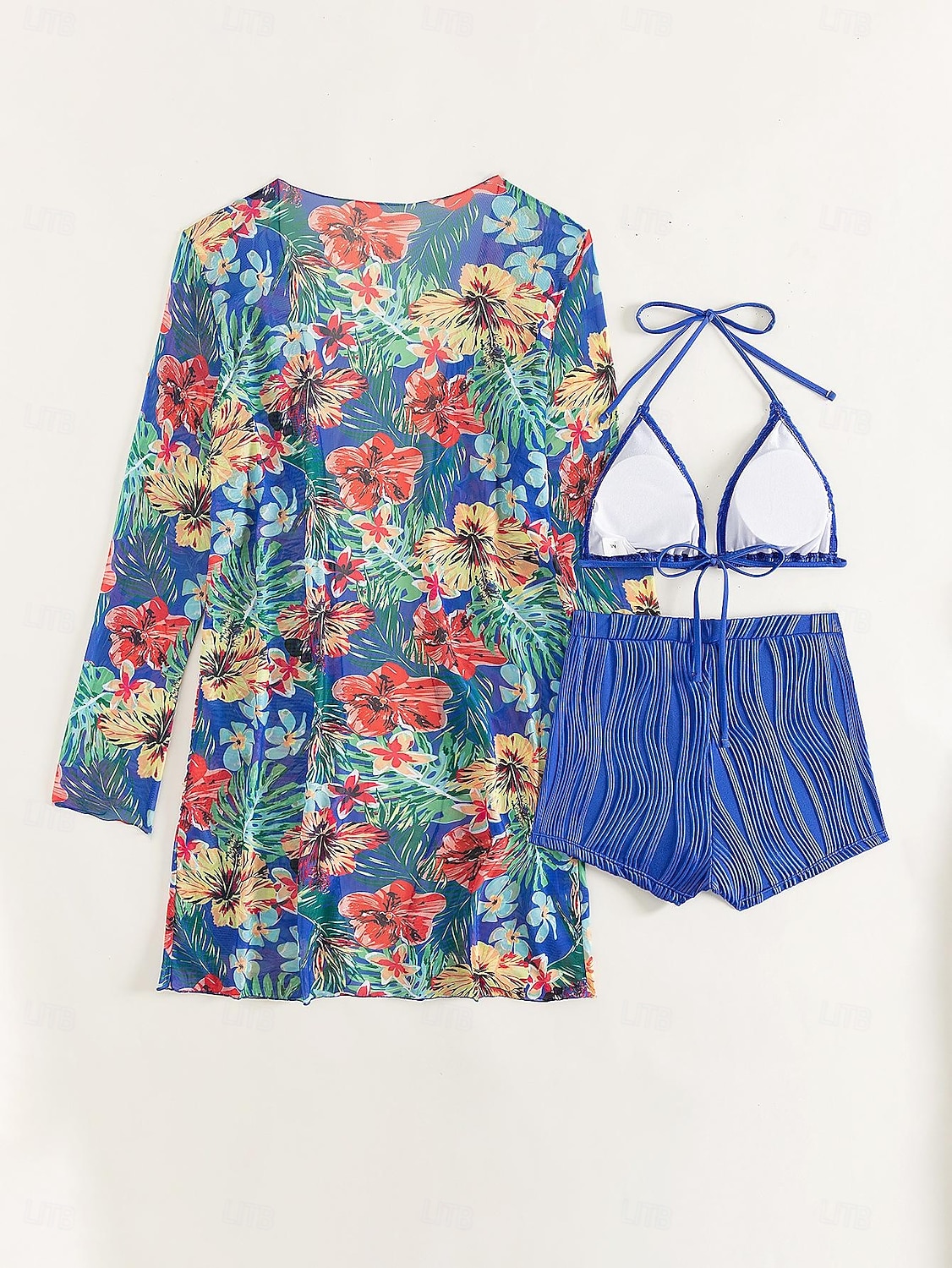 Damen Bikini 3-teilig Badeanzug Palm Shorts Bauchkontrolle Hohe Taille Slim Rückenfrei Urlaub Strandbekleidung Blumen Halterhals Ärmellose Bademode 2026 - $33.99 –P14