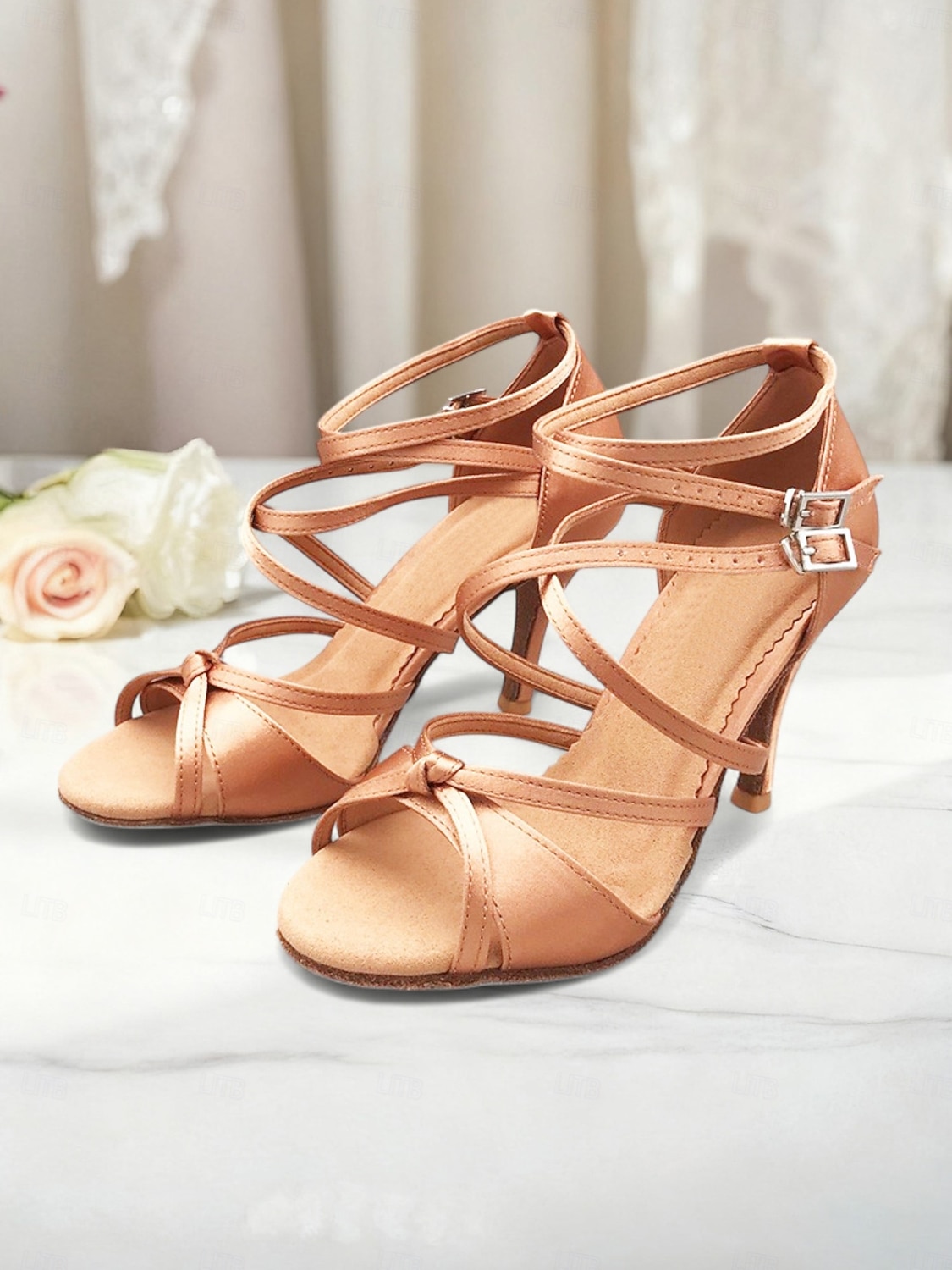 Γυναικεία σατέν παπούτσια λάτιν χορού - επαγγελματικά σανδάλια ballroom salsa tango με σχέδιο με λουράκια και ψηλοτάκουνα για παράσταση ή αγώνες 2026 - $54.99 –P2