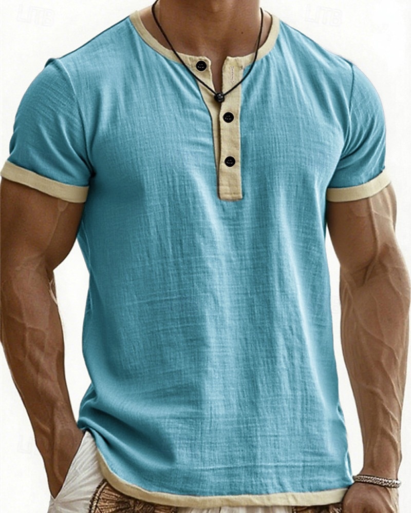 Herre T skjorte Henly-skjorte T-skjorter Kortermet skjorte Kortermet Henley Sommer Vår Fargeblokk Mote Designer Grunnleggende Lapper Feriereise Gate Ut på byen Blå Svart Rosa Topp T-skjorte for menn 2026 - $20.99 –P11