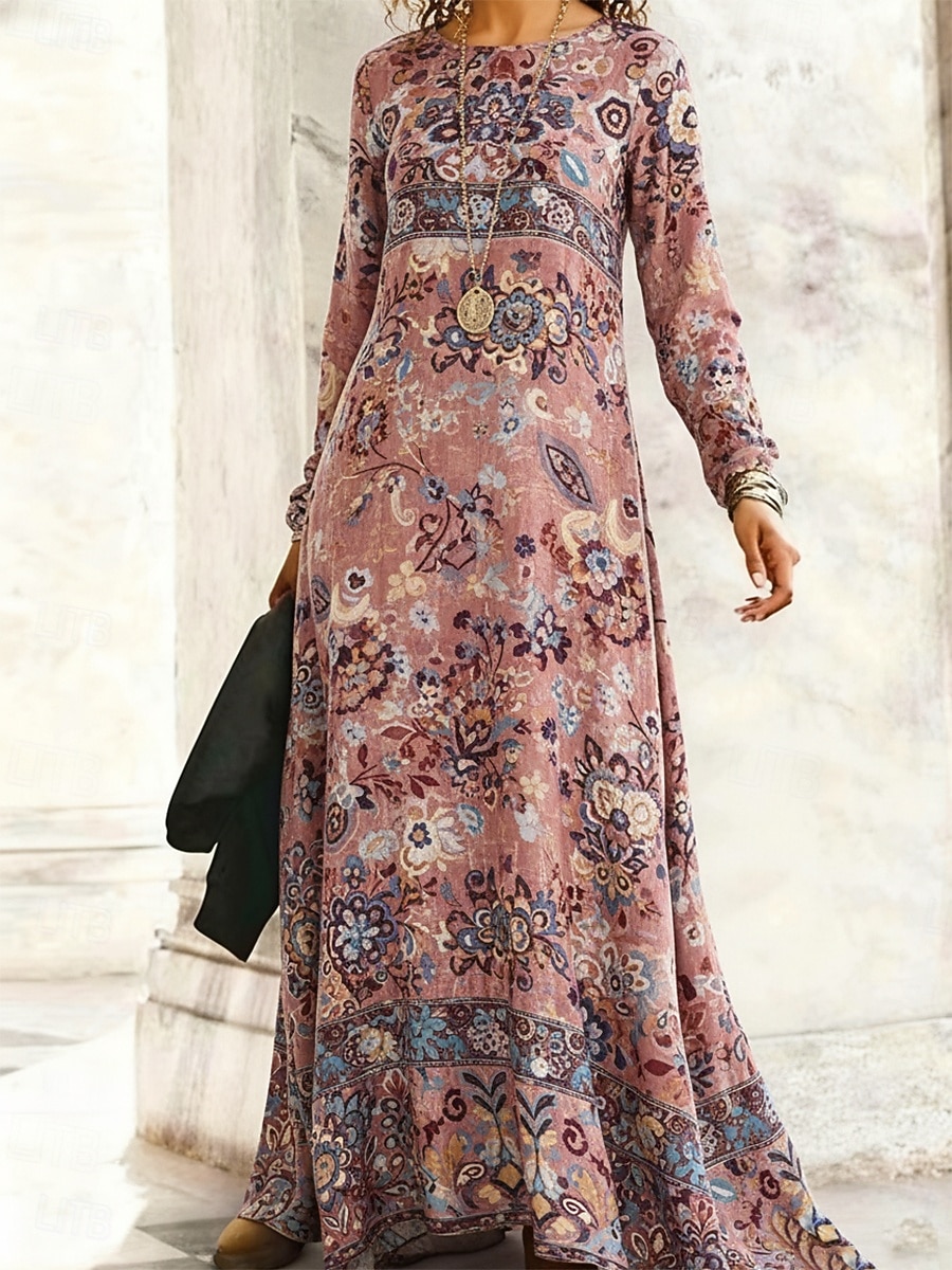 Mujer vestido largo vestido largo Vestido informal Vestido de Columpio Vestido bohemio Vintage Diario Exterior Fin de semana Ajuste regular Floral Manga Larga Cuello Barco Rosa Primavera Otoño 2026 - $34.99 –P1