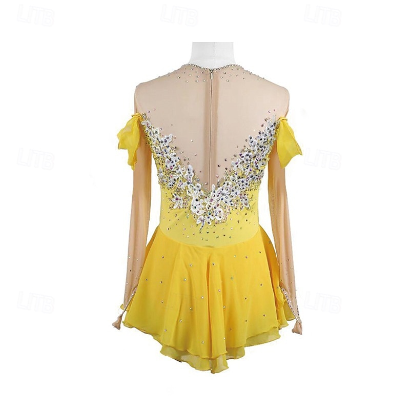 שמלה להחלקה אמנותית בגדי ריקוד נשים בנות החלקה על הקרח שמלות צהוב טלאים חור לאגודל רשת ספנדקס סטרצ'י (נמתח) הדרכה אימון מקצועי ביגוד להחלקה על הקרח שמור על חום הגוף קריסטלים / אבנים נוצצות שרוול ארוך 2026 - $224.29 –P2