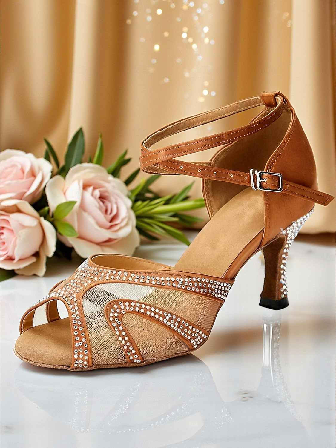 Scarpe da ballo da sala da donna con strass - tacchi latini aperti in rete con tacco basso a blocco, stile festa scintillante per salsa, tango &eventi di danza formale del 2026 a $64.99 –P5