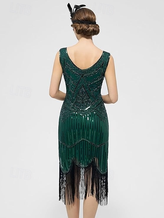 Set Goldene Zwanziger 1920er Knielang Kleid Flapper Kleid Outfits mit Zubehör Ärmellos Der große Gatsby Charleston Pailletten Quastenfransen Feder V Ausschnitt Kostüm Damen Karneval Neujahr Maskerade 2026 - $62.99 –P3