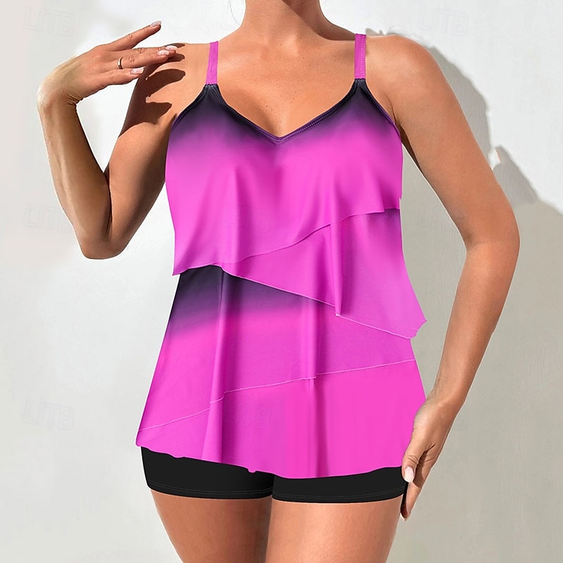 Mujer Bañadores 2 piezas Alta cintura Traje de baño Espalda al Aire Vacaciones Ropa de playa Ombre Escote en Pico Sin Mangas Trajes de baño 2026 - $28.99 –P5