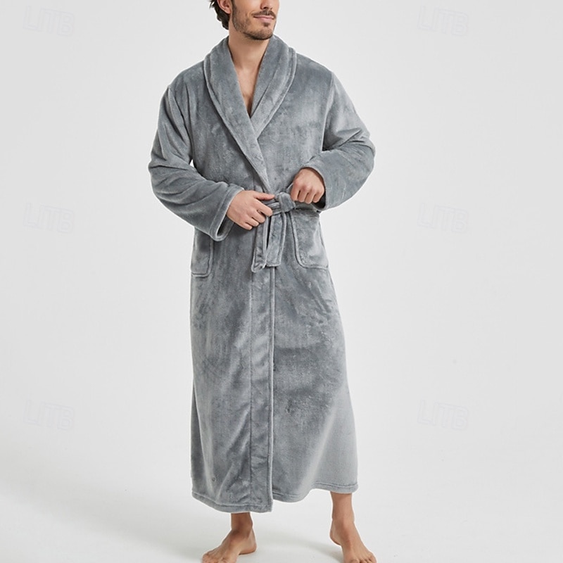 Муж. Домашняя одежда Ночная рубашка Ночная сорочка Банное платье Полотняное плетение Стиль Удобная обувь Дом Повседневные Хлопок Сохраняет тепло Дышащий V-образный вырез Длинный рукав Осень Зима 2026 - $35.99 –P5