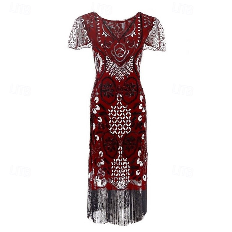 Loucos anos 20 Anos 20 Meio-dia Vestido melindroso Mangas curtas O Grande Gatsby Menina melindrosa Paetês Franja Tubinho Decote V Fantasia Mulheres Natal Carnaval bar clandestino Mascarilha Festa de 2026 por $42.99 –P7