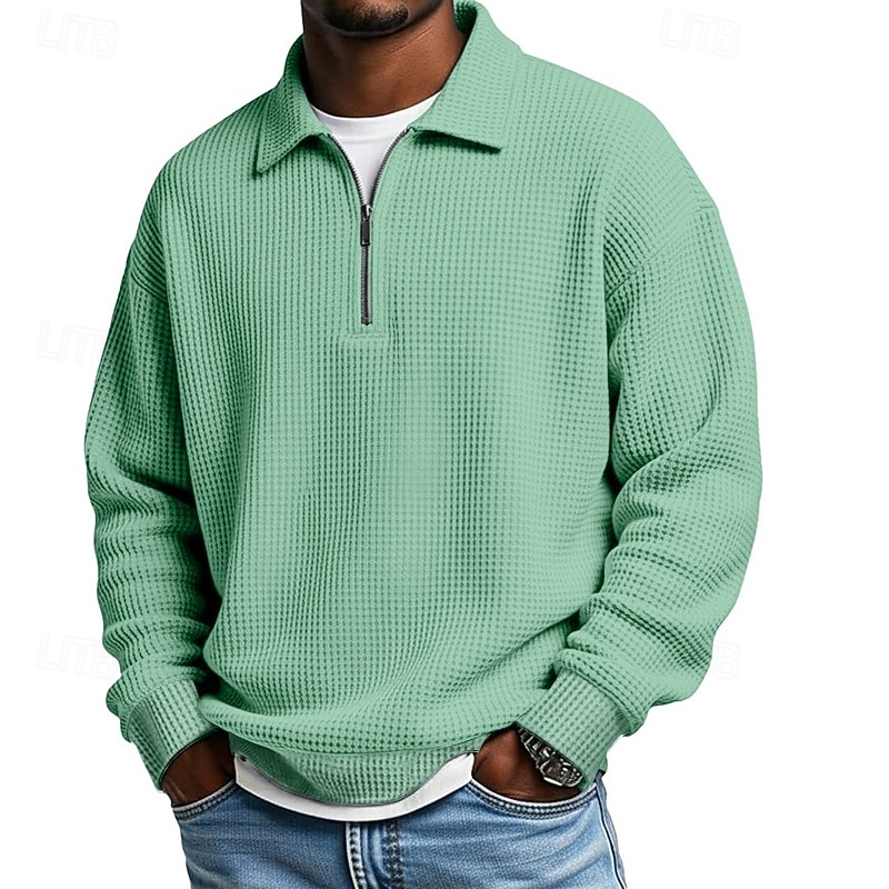 Voor heren Wafel Poloshirts Met Textuur Casual Buiten Kwart ritssluiting Lange mouw Modieus Modern Effen Kleur Met Textuur Gebreid Lente & Herfst Alle seizoenen Ruim Passend Zwart Marineblauw 2026 - $25.99 –P12