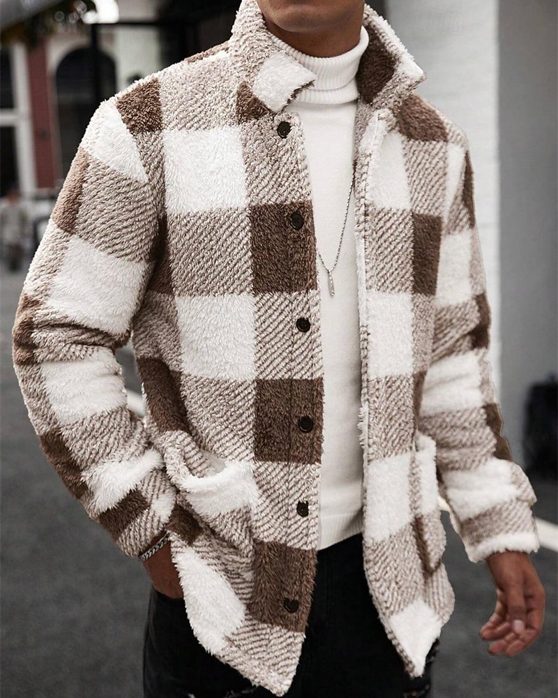 Муж. Толстовка Флисовая толстовка Флисовая жилетка Синий Хаки Воротник-стойка В клетку Карман Для занятий спортом Повседневные Праздники Полиэстер Уличный стиль Классический На каждый день Осень Зима 2026 - $50.99 –P5