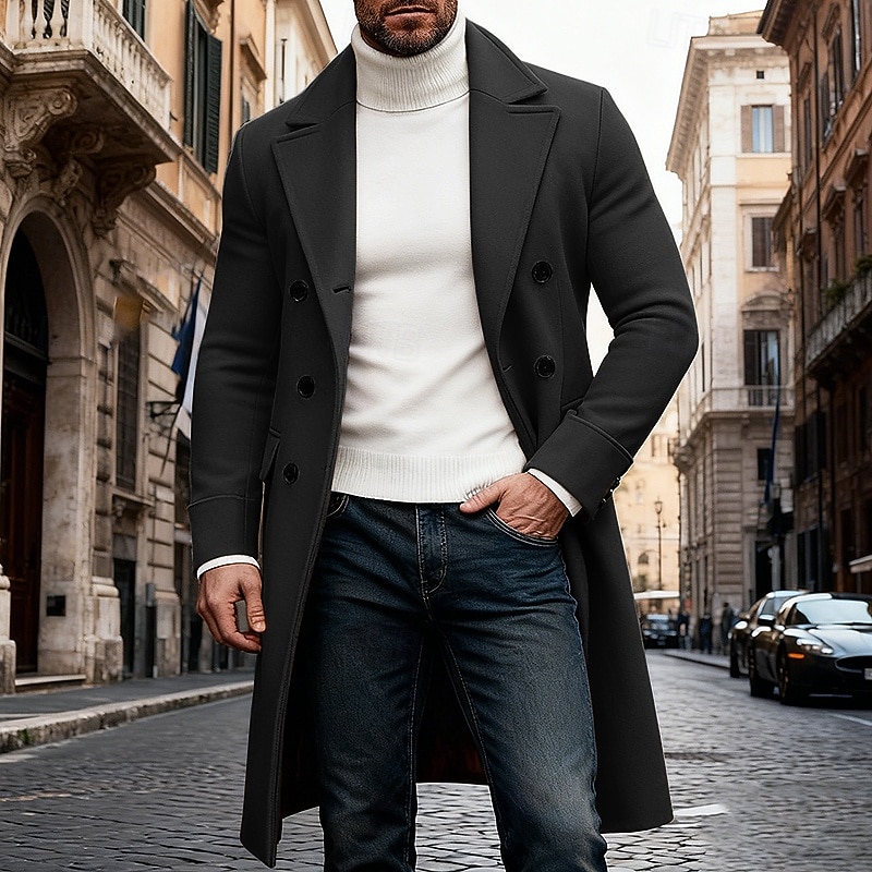 Homme Manteau d'Hiver Manteau Trench-Coat Long Trench-coat Extérieur Occasionnel Automne Hiver Polyester Chaleur Thermique Vêtements d'extérieur Vêtement Tenue Classique Uni Avec Poches Col à Revers de 2026 ? $45.99 –P9