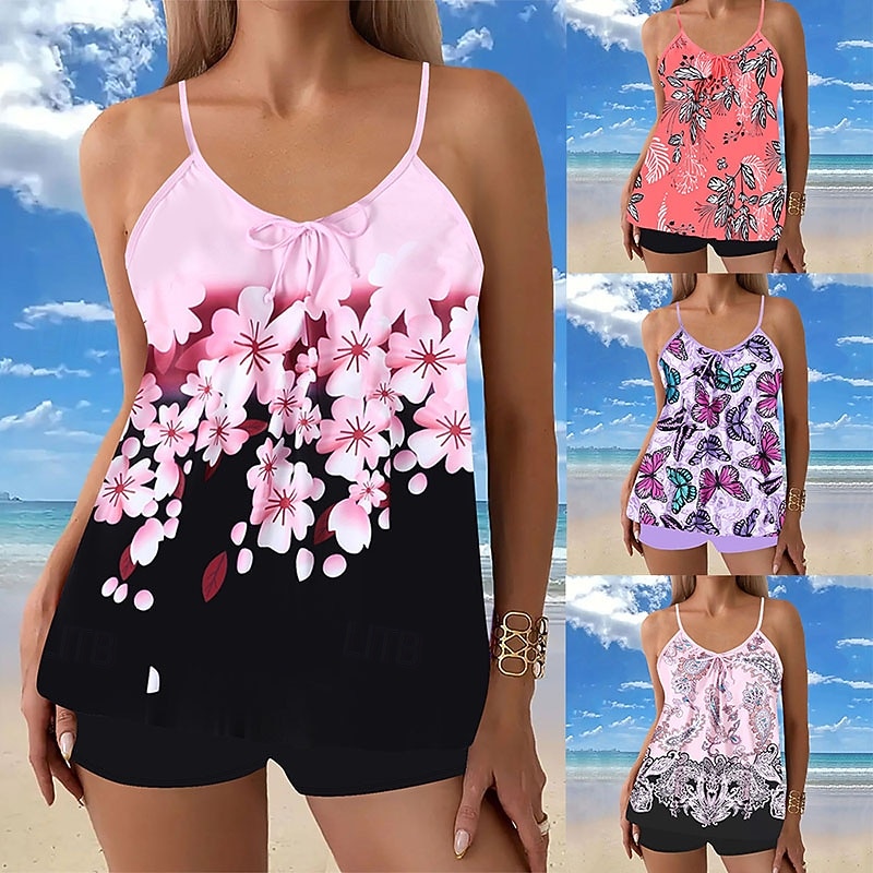 2026年 女性用 スイムウェア 2ピース ショーツ 水着 バックレス 旅行度假风 ビーチウェア フラワー グラフィック Ｕネック ノースリーブ 水着  コレクション – $28.99 –P1