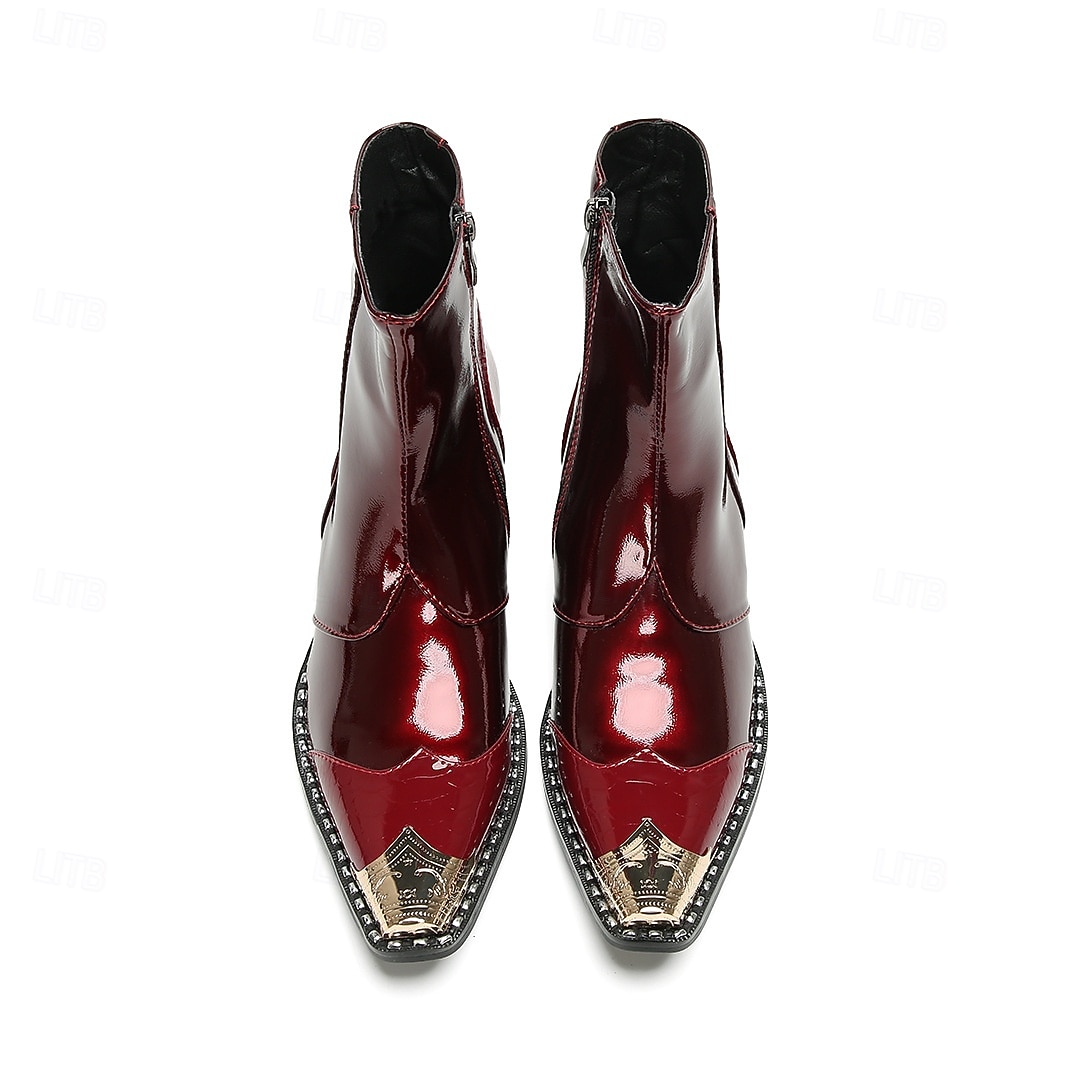 ανδρικά γυαλιστερά κόκκινα δερμάτινα μποτάκια μέχρι τον αστράγαλο – κομψά γυαλιστερά με άνετο, στιβαρό τακούνι, κομψή επιλογή για χριστουγεννιάτικες εκδηλώσεις 2026 - $159.99 –P4