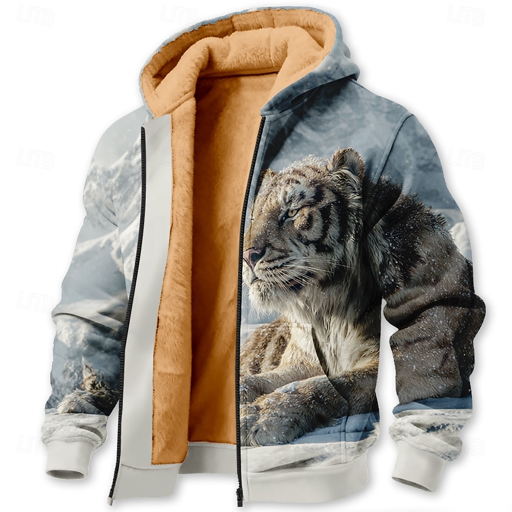 Herren Tiger Fleece Kapuzensweatshirt Jacke Pullover Klassisch Jagd Langarm Rundhalsausschnitt Outdoor Camping Blau Weiß Braun Kaffee Reißverschluss Herbst Winter Designer S M L XL 2XL 3XL 2026 - $41.99 –P2