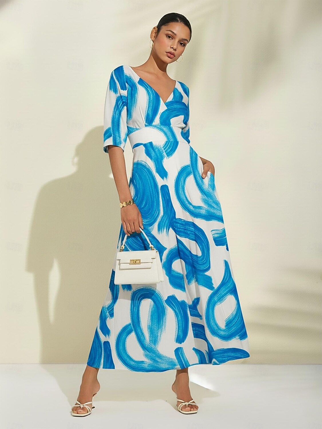 атласное синее платье макси с принтом мазков кисти для повседневного отпуска и путешествий 2026 - $114.99 –P3