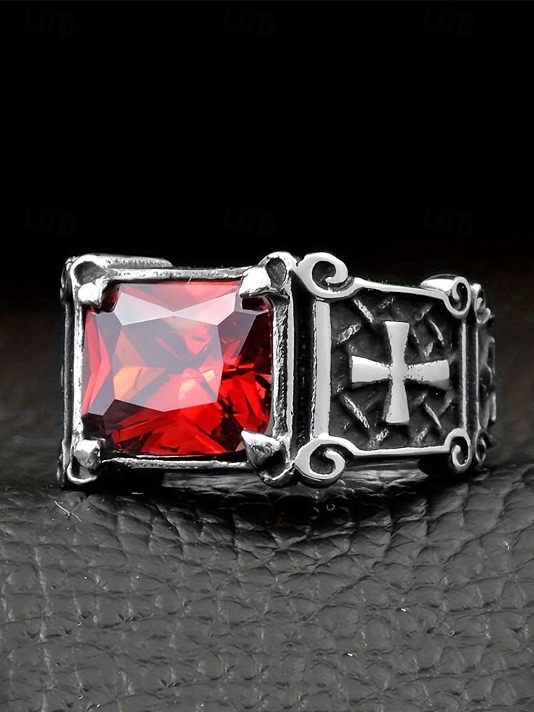 мужское кольцо с готическим крестом - сплав, черный и красный драгоценные камни, винтажный стиль с религиозным мотивом, идеальный рождественский подарок для повседневных и торжественных случаев 2026 - $7.99 –P3