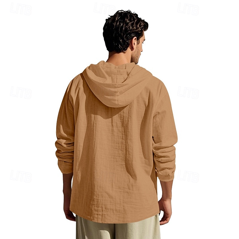 Men's Shirt Popover Shirt Summer Shirt Casual Shirt Beach Shirt Black White Yellow Navy Blue khaki Long Sleeve Solid Color Hooded Vacation Casual Drawstring Clothing Apparel Fashion Casual Comfortable 2026 - $28.99 –P33