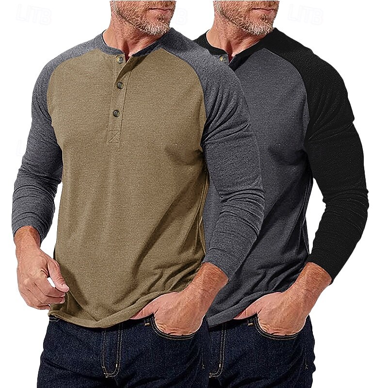 2-teiliges Henley-Shirt für Herren, Baseball-T-Shirt, Kurzarm, Farbblock-Design, Basic, Boho-Stil, Raglanärmel, für Outdoor, Freizeit, Alltag, Sommer, Herbst, alle Jahreszeiten, schwarzes 2026 - $40.99 –P11