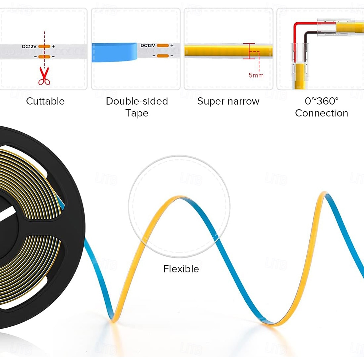 2025年 fcob cob ledストリップ 5mm幅 超狭幅 フレキシブル 高密度 均一光 16.4フィート DC24V 複数色あり CRI 90 調光可能 LEDリボン 家庭用室内装飾用 (コントローラーやアダプターは付属しません)  コレクション – $32.99 –P8