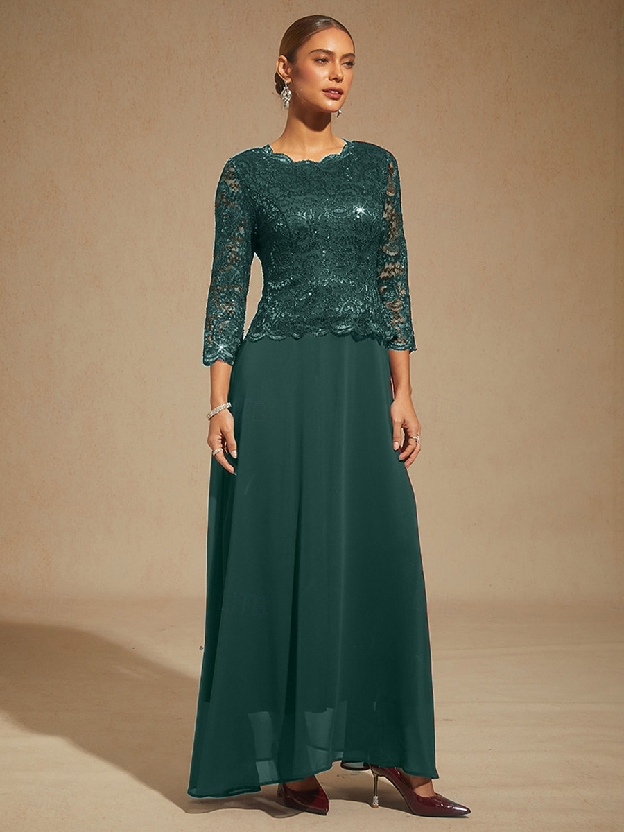 Women's Maxi Dress Chiffon Dress Elegant Evening Party Wedding Guest Sequins Lace Regular Fit Solid Color 3/4 Length Sleeve Crew Neck Emerald Green 2026 - $91.99 –P1