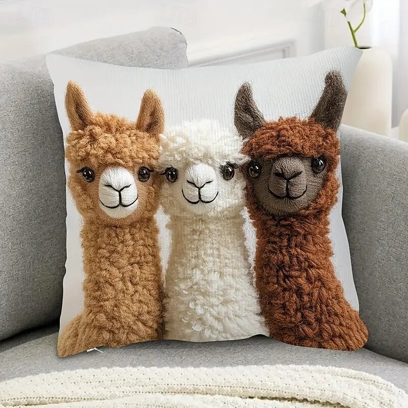 Fundas de cojín estilo vintage con diseño de alpaca (tres unidades), estampado plano 2D, 45x45 cm (18x18 pulgadas), adorable diseño animal, ideales para decorar el sofá del salón o el dormitorio. 2026 - $9.99 –P1