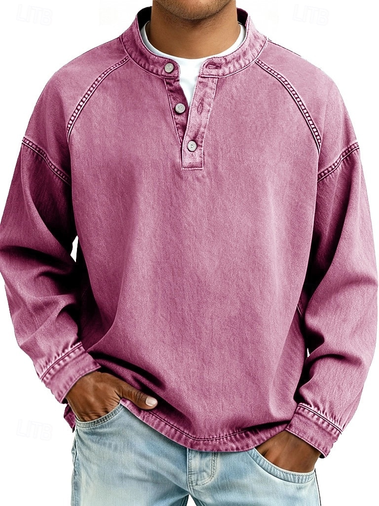 Men's T Shirt Henley Shirt 100% Cotton Acid Wash Shirt Tee Top Long Sleeve Plain Vintage Streetwear Casual Washed Raglan Sleeves Stand Collar Henley Casual Home Street Spring Fall Fall & Winter Black 2026 - $29.99 –P16