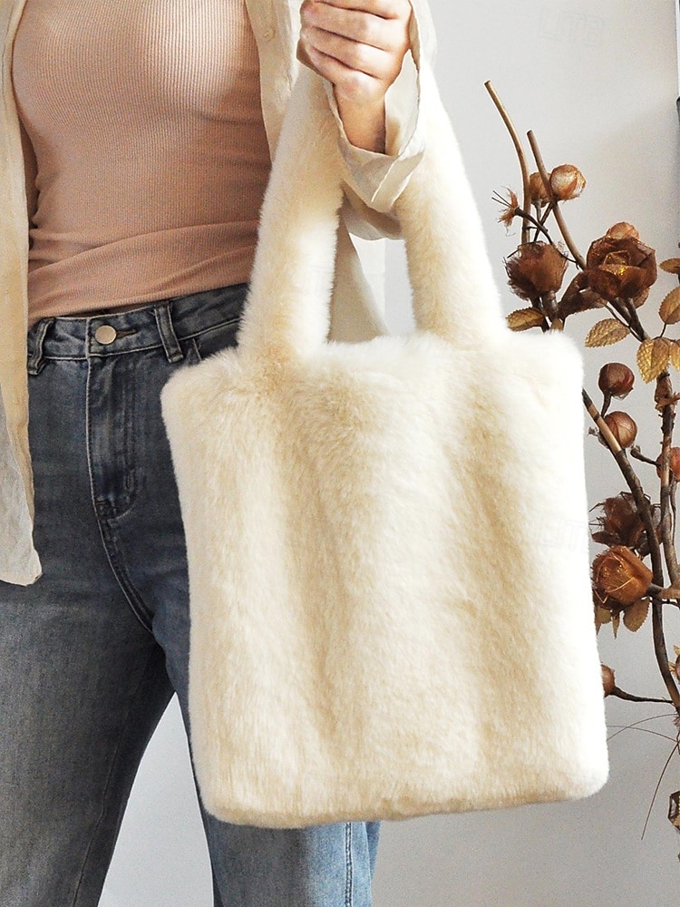 damska pluszowa torba typu tote z motywem kociej buzi, dostępna w wielu kolorach, z miękkiego futerka, o uroczym i zabawnym designie, idealna na niezobowiązujące wyjścia i jako prezent 2026 - $18.99 –P6