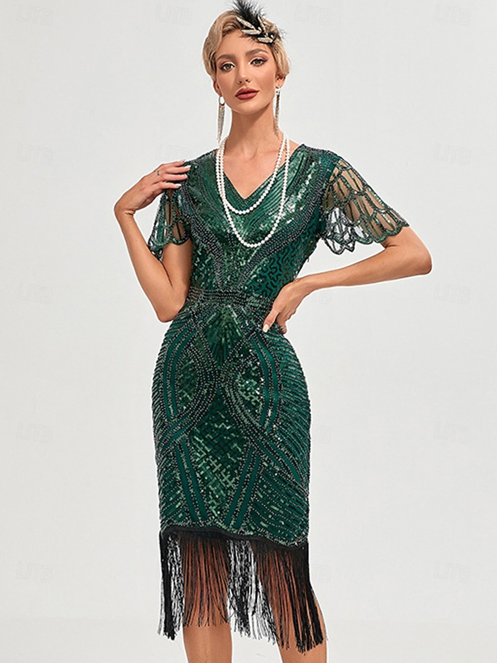 Goldene Zwanziger 1920er Knielang Flapper Kleid Kurze Ärmel Der große Gatsby Flapper-Mädchen Pailletten Fransen V Ausschnitt Kostüm Damen Weihnachten Karneval Abendgesellschaft Flüsterkneipe Maskerade 2026 - $47.99 –P2