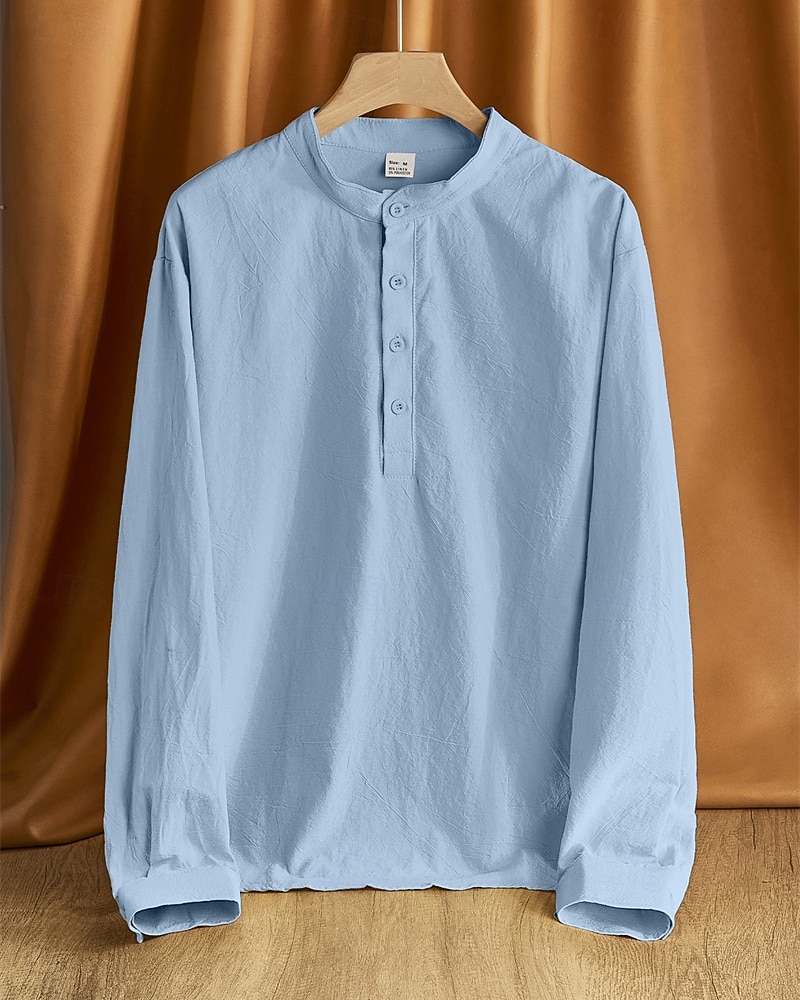 Per uomo Camicia Camicia di lino Camicia popover Camicia casual Camicia di cotone Semplice Vacanza Camicia hawaiana Nero Bianco Cachi Verde militare Manica Lunga Colletto alla coreana Primavera del 2025 a $24.99 –P8