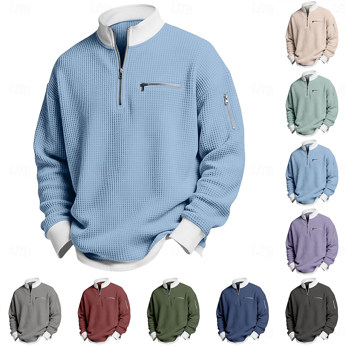 Herre Vaffel T-skjorte T skjorte Langermet Halv glidelås Vår Høst vinter Helfarge Tradisjonell / vintage Fritid Fargeblokk Lomme med glidelås utendørs Hjem Sport & Utendørs Lyseblå Rød Lilla Topp 2026 - $26.99 –P1