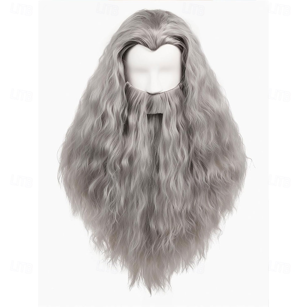 Lange graue Herrenperücke und Bartset für Halloween-Cosplay (Weihnachtsmann, Zauberer) 2026 - $31.99 –P5