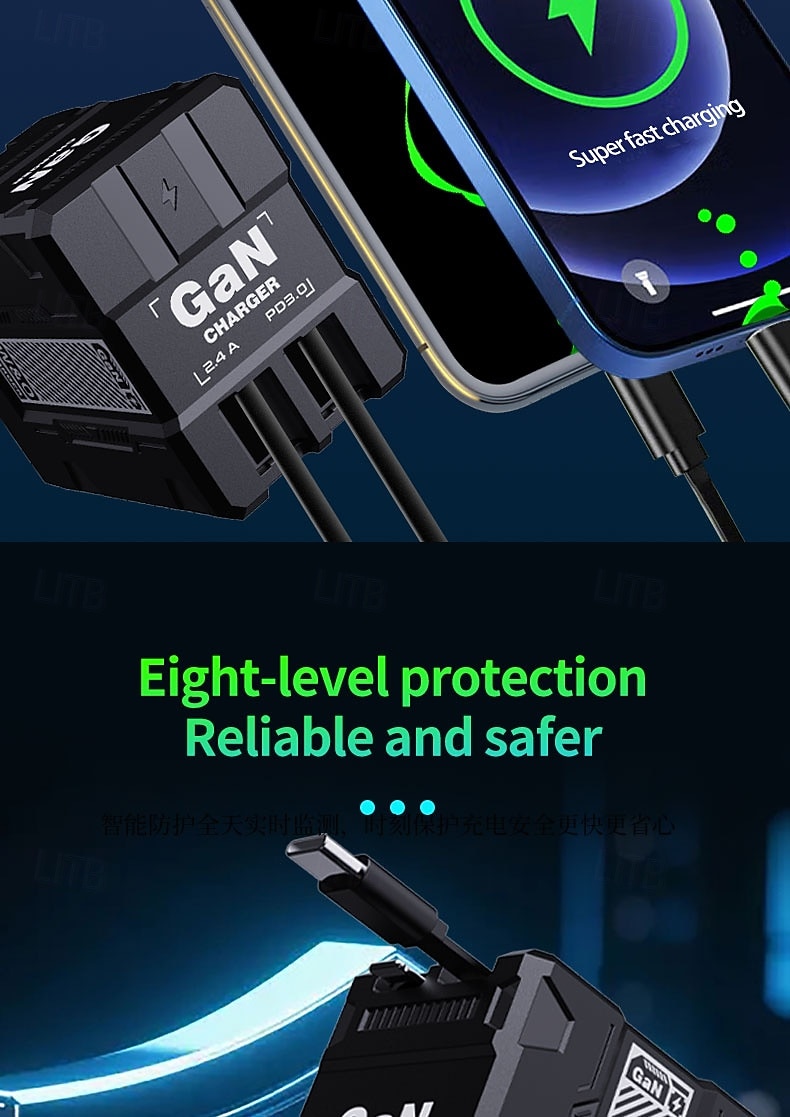 מטען אולטרה מהיר של גן 120 וואט PD3.0 סוג C תאורה כפולה יציאת O כבל נשלף טלפון נייד מחשב נייד טעינה מהירה 2025 - $21.99 –P7