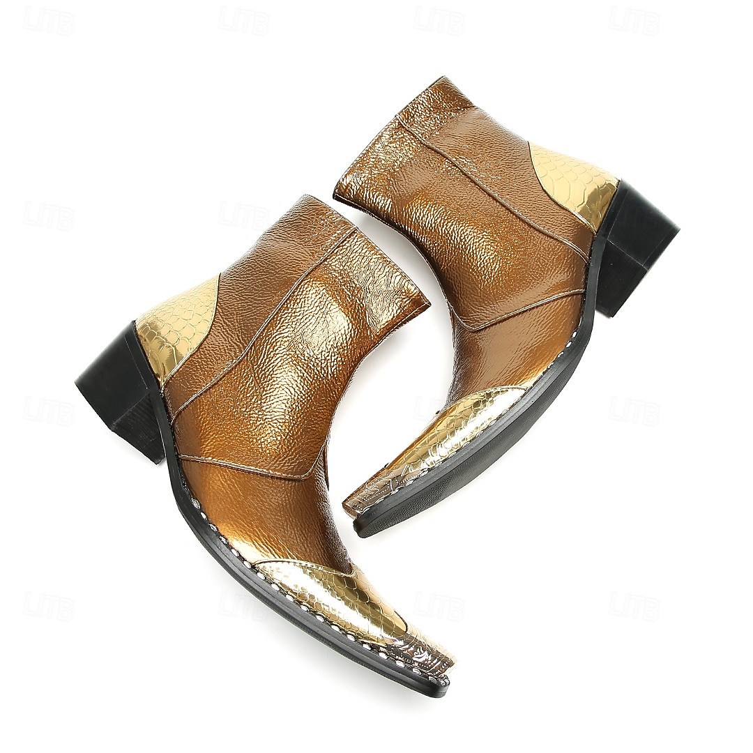 Miesten ruskeat ja kultaiset nahkaiset nilkkurit - metallinhohtoinen viimeistely, tyylikäs muotoilu ja mukava istuvuus, ihanteellinen rentoon ja puoliviralliseen kokoontumiseen 2025 - $159.99 –P6