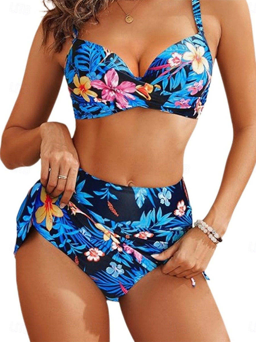 Γυναικείο μπικίνι 2 τεμαχίων μαγιό ρυχιές με φούστα palm skirt slim ανοιχτή πλάτη διακοπές παραλία φλοράλ V λαιμό αμάνικο μαγιό 2026 - $29.99 –P2