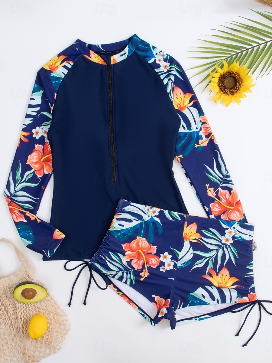 Женский танкини из 2 предметов купальник с молнией спереди пальмы шорты контроль живота высокая талия узкий спина без бретелек пляжная одежда цветочный листья высокий вырез длинные рукава 2026 - $33.99 –P4