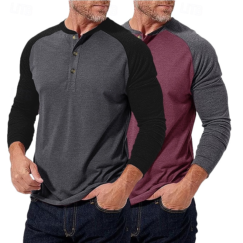 2-teiliges Henley-Shirt für Herren, Baseball-T-Shirt, Kurzarm, Farbblock-Design, Basic, Boho-Stil, Raglanärmel, für Outdoor, Freizeit, Alltag, Sommer, Herbst, alle Jahreszeiten, schwarzes 2026 - $40.99 –P13