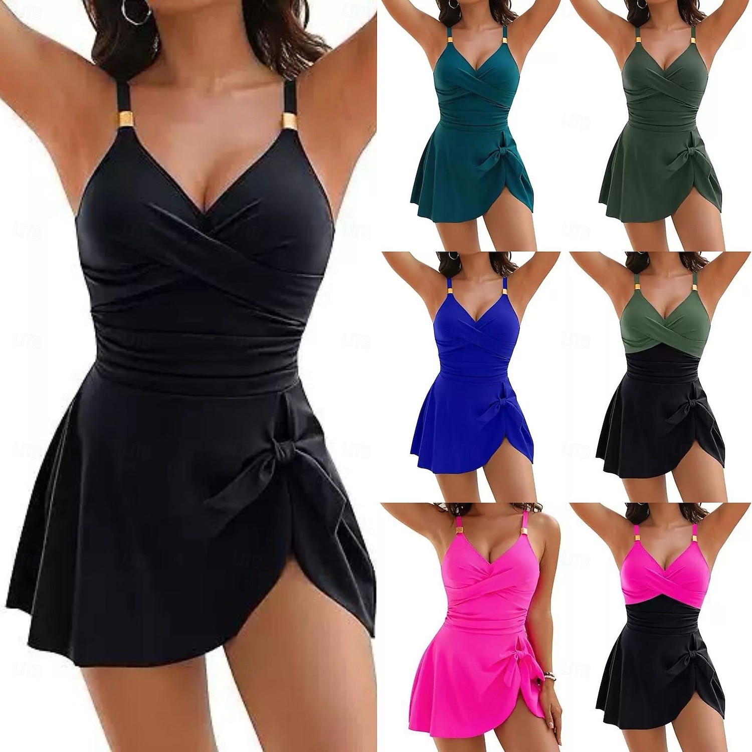 בגד ים נשים שלם קפלים עם חצאית מונוקיני חצאית לשליטה בבטן מותן גבוהה דק ללא גב נופש לבילוי בחוף צבע אחיד צוואר V ללא שרוולים 2026 - $25.99 –P1