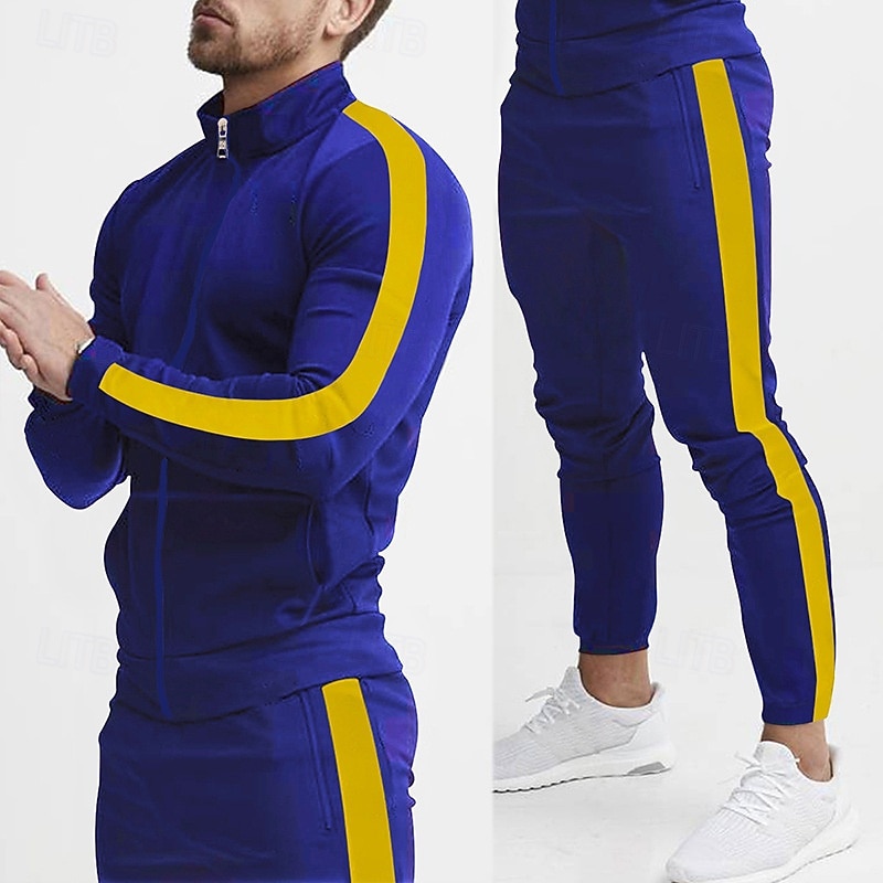 Men's Sweatshirt Tracksuit Outfit Set Stand Collar Outdoor Daily Sports Drawstring Zip Up Pocket Color Block Yellow Red Navy Blue Polyester Activewear Fashion Streetwear Spring 2026 - $45.99 –P1
