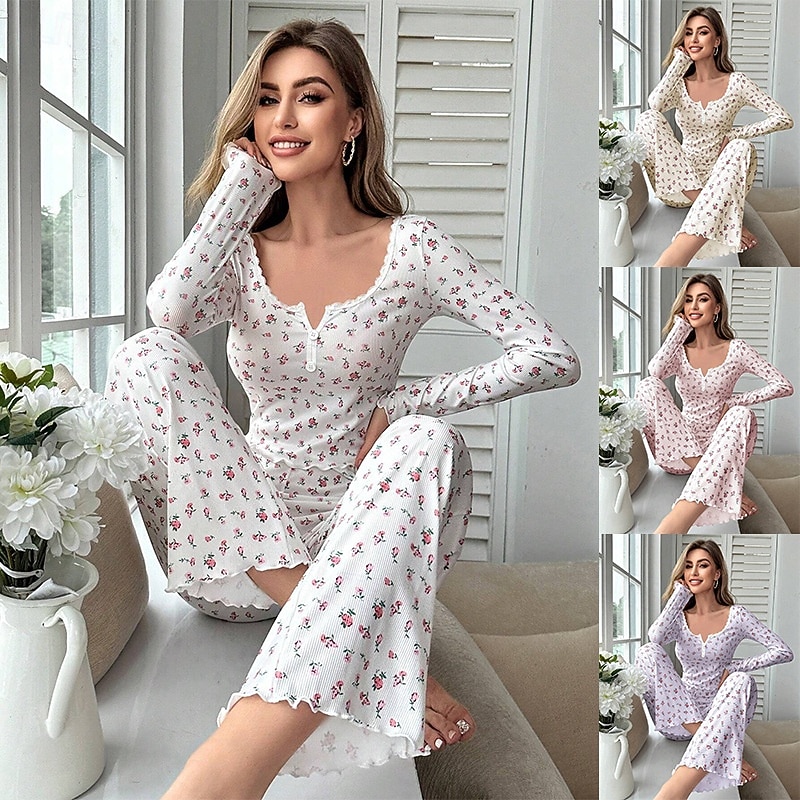 Dame Pyjamas Sett Fritid Komfort Blomstret Elastisk midje Bukse Hjem Daglig Langermet U-hals Hvit Gul Rosa Lilla Vår Høst Normal 2026 - $21.99 –P1