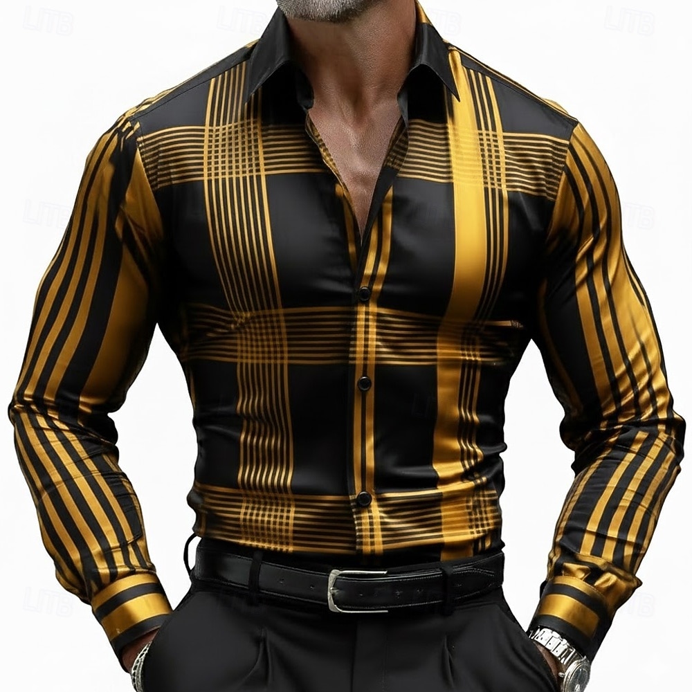 Hombre Geométrico A Rayas Cuadrícula / Cuadros Camisa Camisa de raso Camisa para Vestido Manga Larga Informal de negocios Vacaciones Uso Diario Verano Primavera Otoño Cuello Vuelto Impresión 3D 2026 - $29.99 –P3