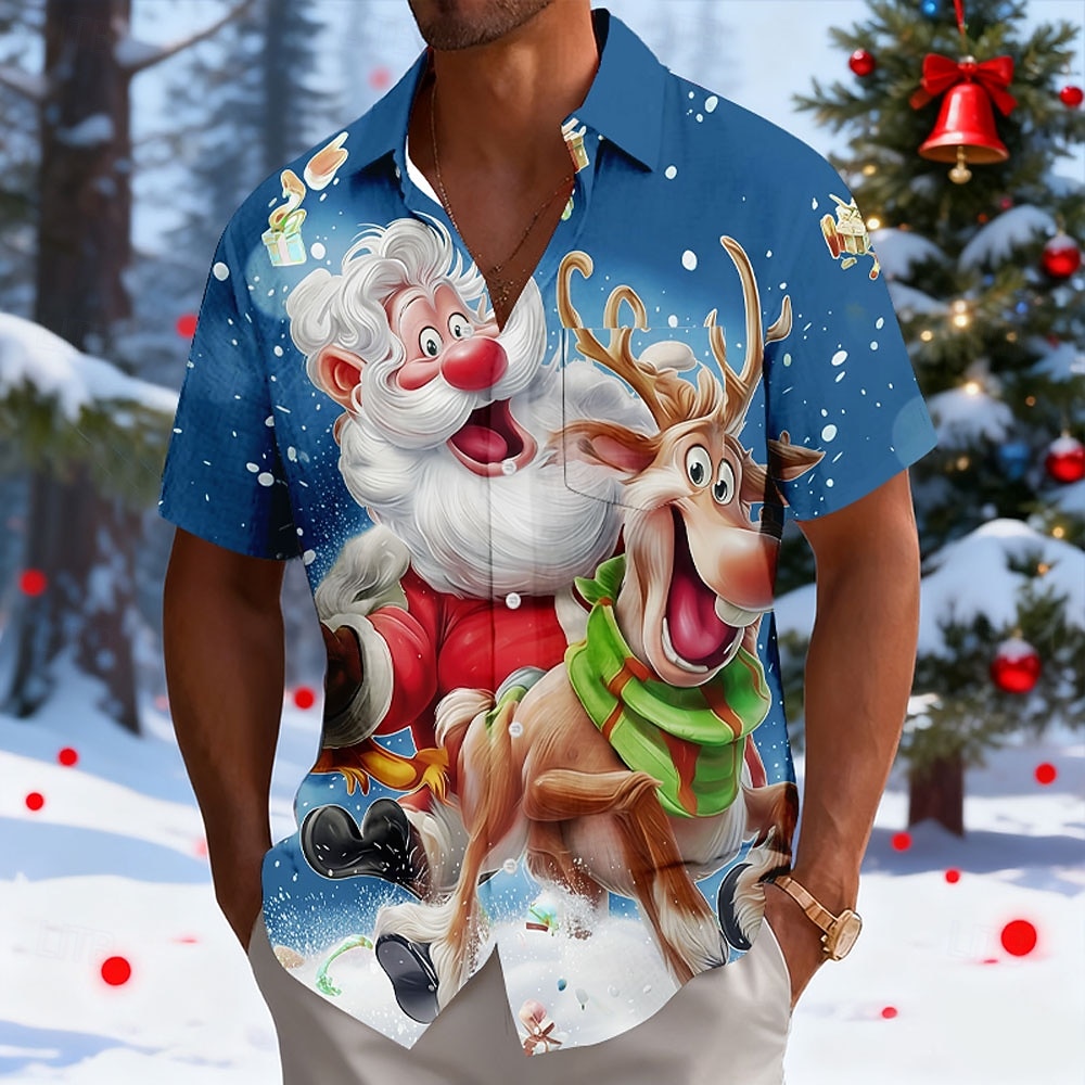 2026年 クリスマス 男性用 サンタクロース トナカイ 面白いクリスマス シャツ ボタンアップシャツ 半袖 おかしい 祝日 夏 春 折襟 3Dプリント 襟付きシャツ フロントポケット1つ ブルー ホワイト ルビーレッド パープル  コレクション – $26.99 –P2