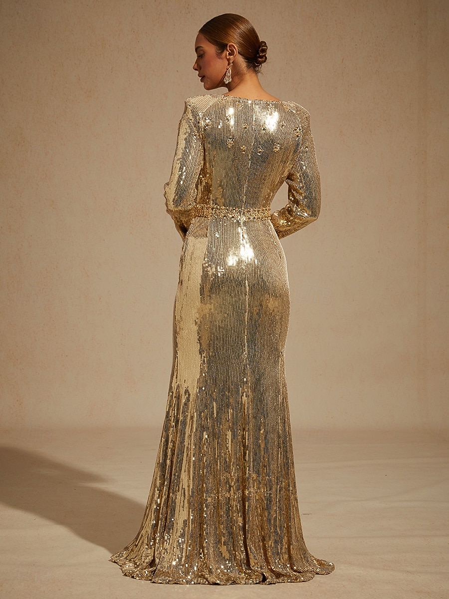 Women's Maxi Dress Floor Length Dress Trumpet Mermaid Dress Elegant Party Evening Party Cocktail Party Sequins Beaded Regular Fit Solid Color Long Sleeve Crew Neck Gold Spring Fall Winter 2026 - $625.69 –P2