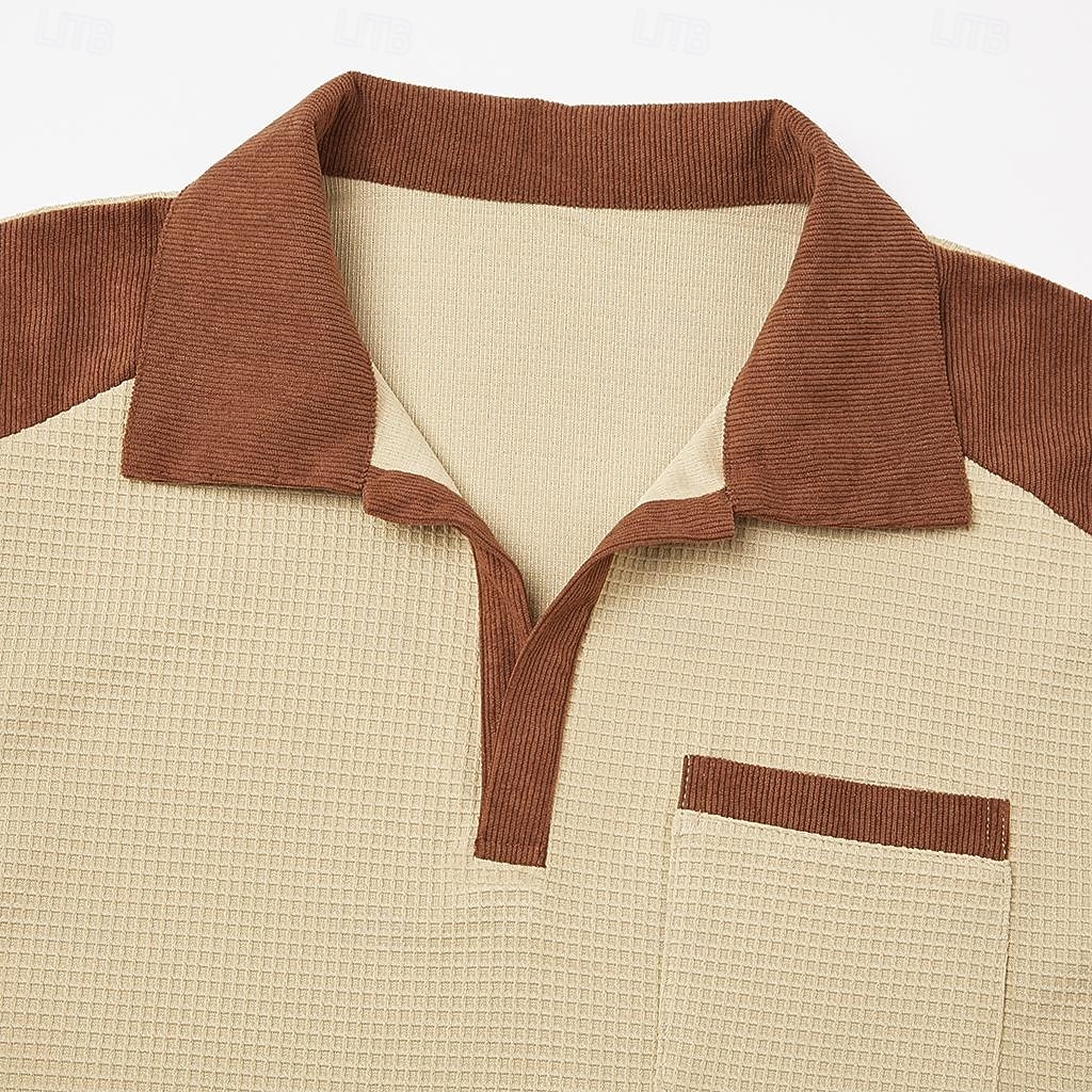 Herren Waffel-T-Shirt Langarm V Ausschnitt Revers Herbst Frühling & Herbst Einfarbig Mode Basic Lässig Farbblock Lässig Straße Sport Schwarz Marineblau Kaki Top T-Shirt für Herren 2026 - $25.99 –P9