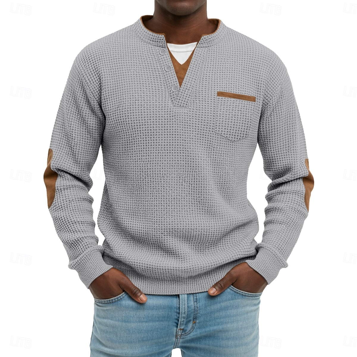 Herr Våffeltröja Waffle Henley Shirt Herrskjortor med armbågslappar Långärmad V-hals Henley Höst vinter Vår & Höst Ensfärgat Mode Grundläggande Ledigt falska två stycken Ledigt Gata Sport Grå Topp 2026 - $24.99 –P1