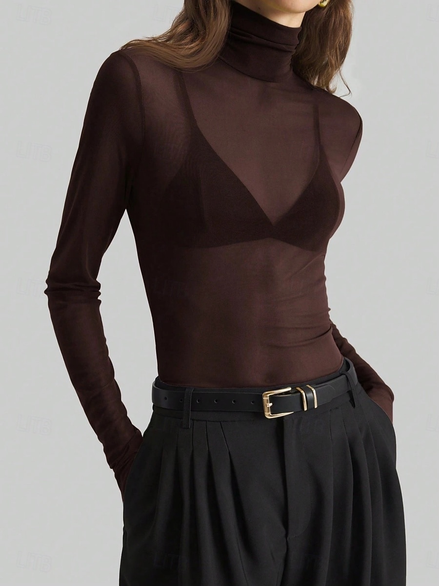 Dames Blouse Lapwerk Netstof Effen Kleur Elegant Stijlvol Basic Lange mouw Coltrui Normale tops Dagelijks Grijs-Groen Zwart Wijn Marineblauw Bruin Zomer Lente Herfst 2026 - $21.99 –P7
