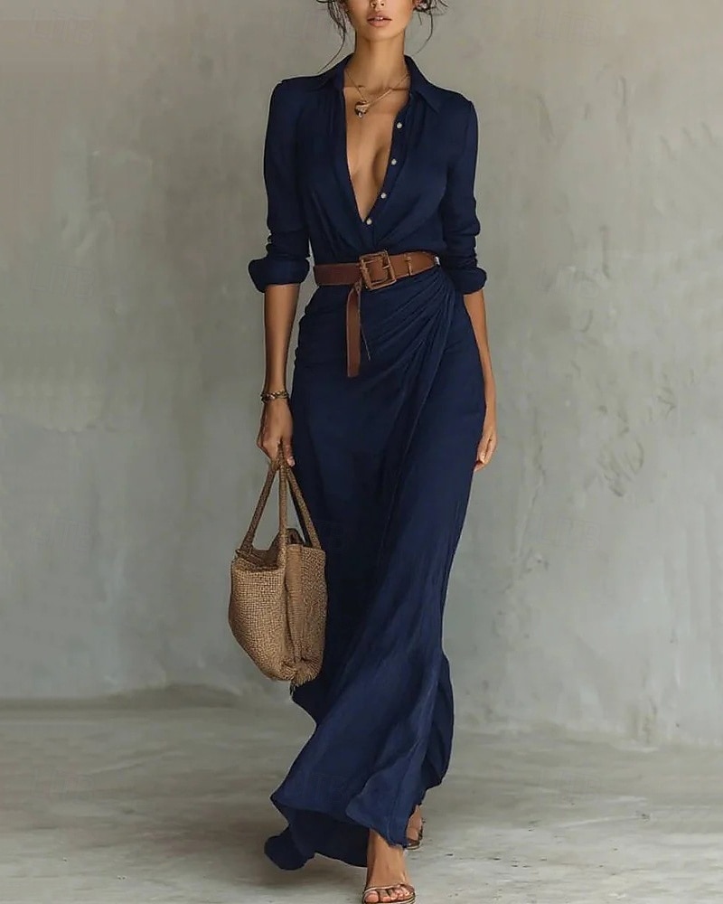 Mulheres Vestido Longo Vestido Maxi Camisetão Moderno Diário Ao ar livre Para Noite Normal Tecido Manga Longa Colarinho de Camisa Preto Branco Azul Marinha Cáqui Primavera Outono de 2026 por $43.99 –P5