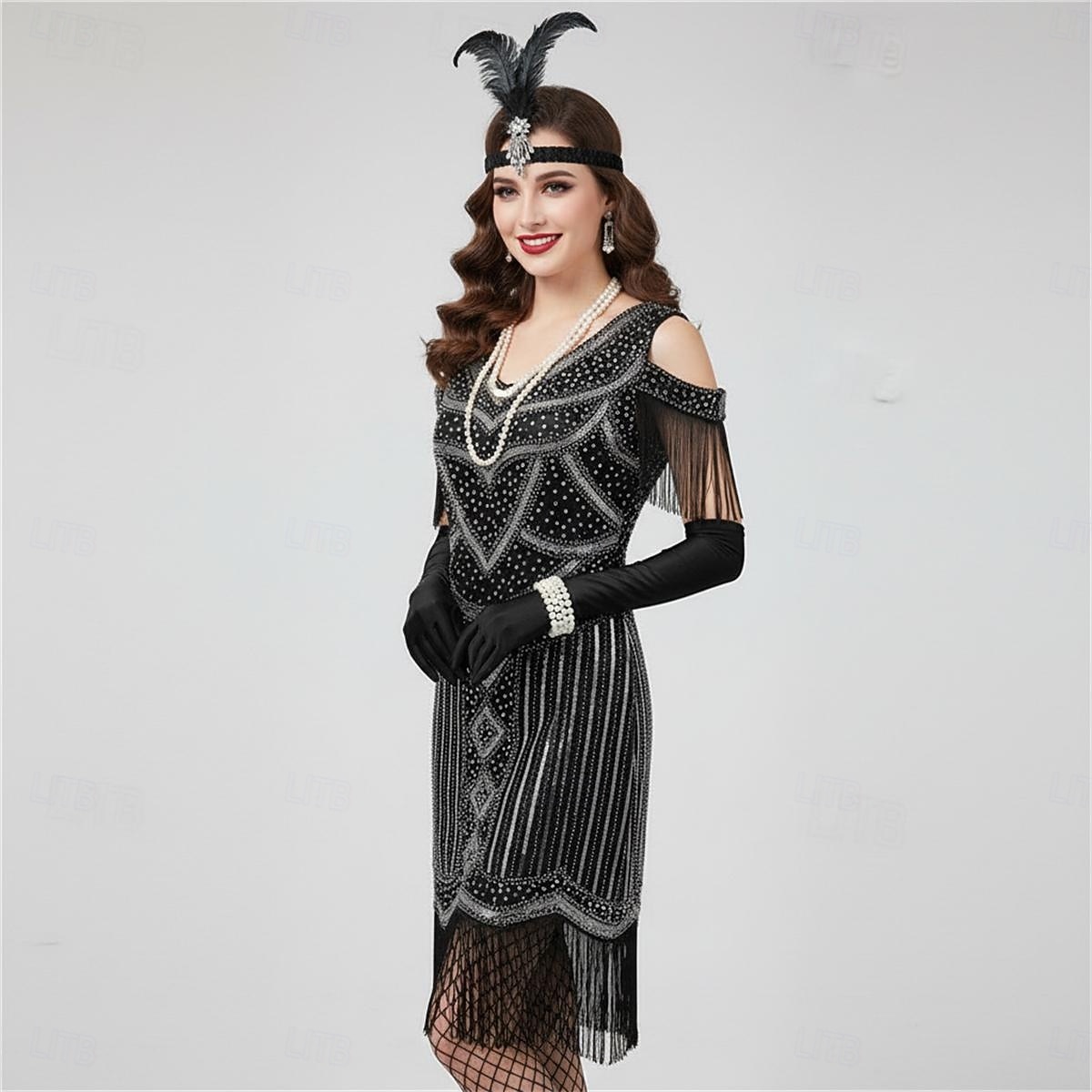 Conjunto Rugido 20s 1920s Hasta la Rodilla Vestido Flapper Accesorios Vestido de fiesta de graduación con accesorios Hombro frío El gran Gatsby Invitado a la boda Lentejuelas Borlas Pluma Escote en 2026 - $54.99 –P9