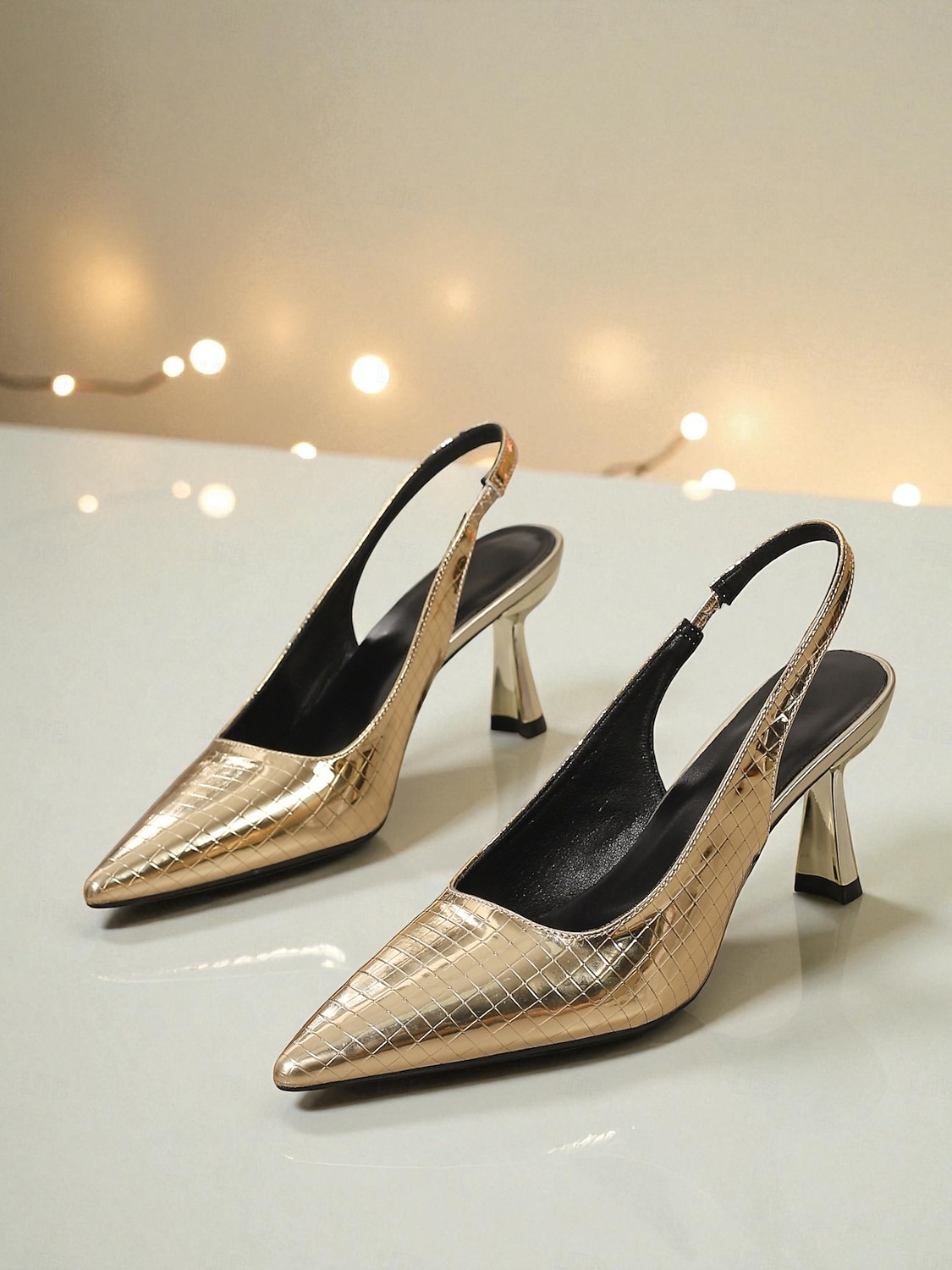 Dames gouden metallic slingback high heels - puntige pumps met krokodillenprint en glanzende stilettohak voor een avondje uit &speciale evenementen 2026 - $42.99 –P1