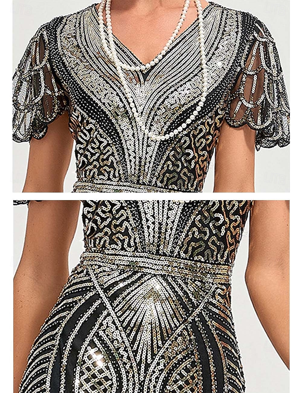 Goldene Zwanziger 1920er Knielang Flapper Kleid Kurze Ärmel Der große Gatsby Flapper-Mädchen Pailletten Fransen V Ausschnitt Kostüm Damen Weihnachten Karneval Abendgesellschaft Flüsterkneipe Maskerade 2026 - $47.99 –P6