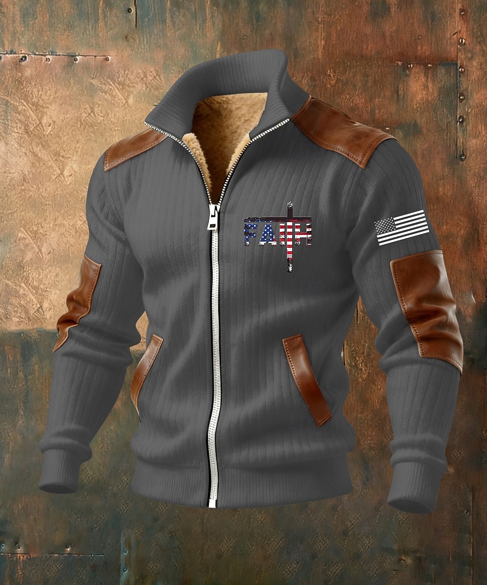 Homens Full Zip Hoodie Casaco de lã Moletom de lã Preto Branco Verde Tropa Azul Marinha Marron Colarinho Clerical Cruz Bandeira americana Fé Bolsos Detalhes em couro sintético Desportos e Ar livre de 2026 por $75.99 –P5