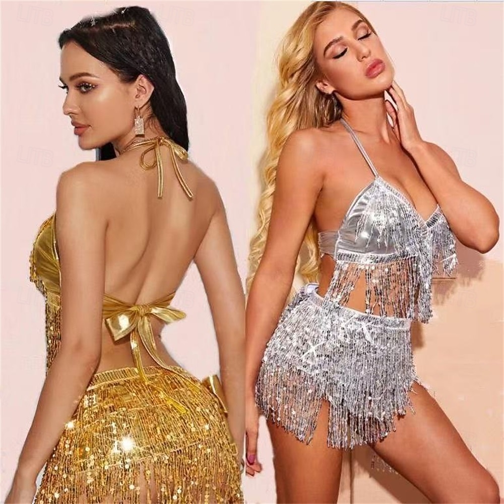 Samba Tanzmode Damen Strahlendes Silber Pailletten Fransen 2 Stück Set - Halter Crop Top  Rock Outfit  Rave Partysl Performance Kostüm 2026 - $35.99 –P2
